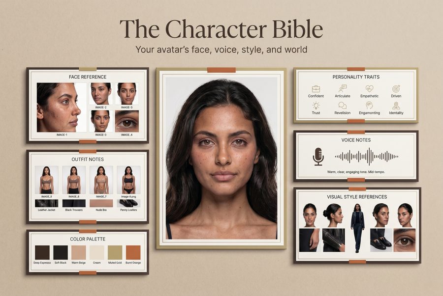 The Character Bible — your avatar's face, voice, style and world